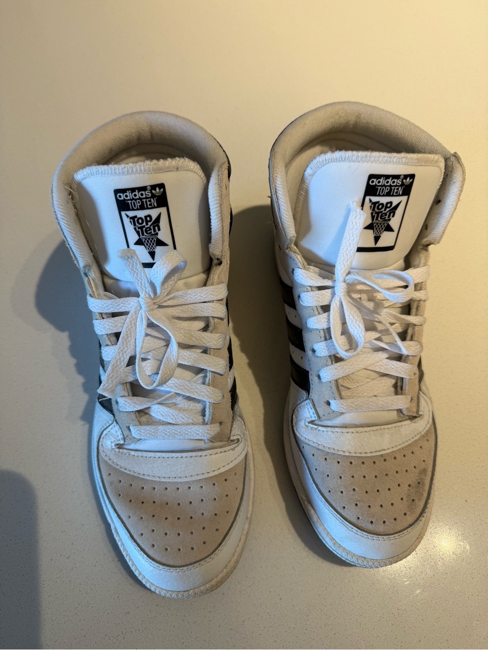 adidas Top Ten High-Top Sneakers in White and Beige with Black Stripes